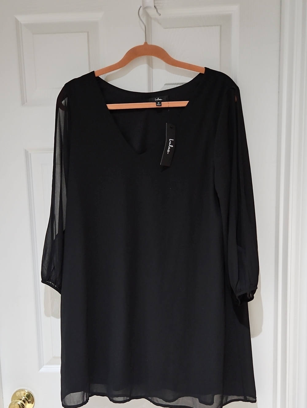 Lulu's Black V-Neck Sheer-Sleeve Long Sleeve Dress